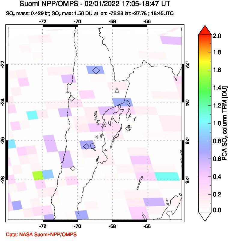 A sulfur dioxide image over Northern Chile on Feb 01, 2022.