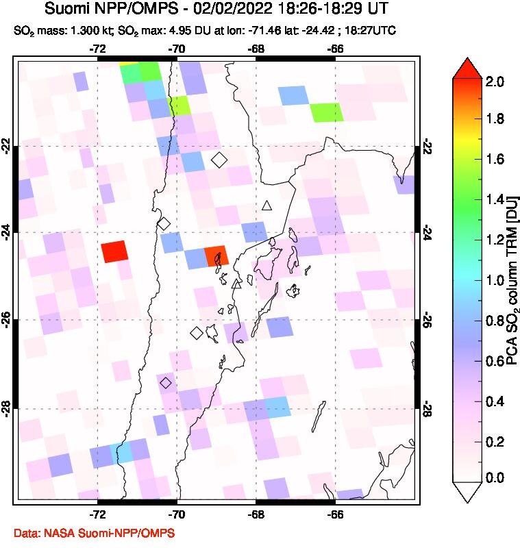 A sulfur dioxide image over Northern Chile on Feb 02, 2022.
