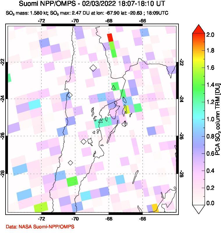 A sulfur dioxide image over Northern Chile on Feb 03, 2022.