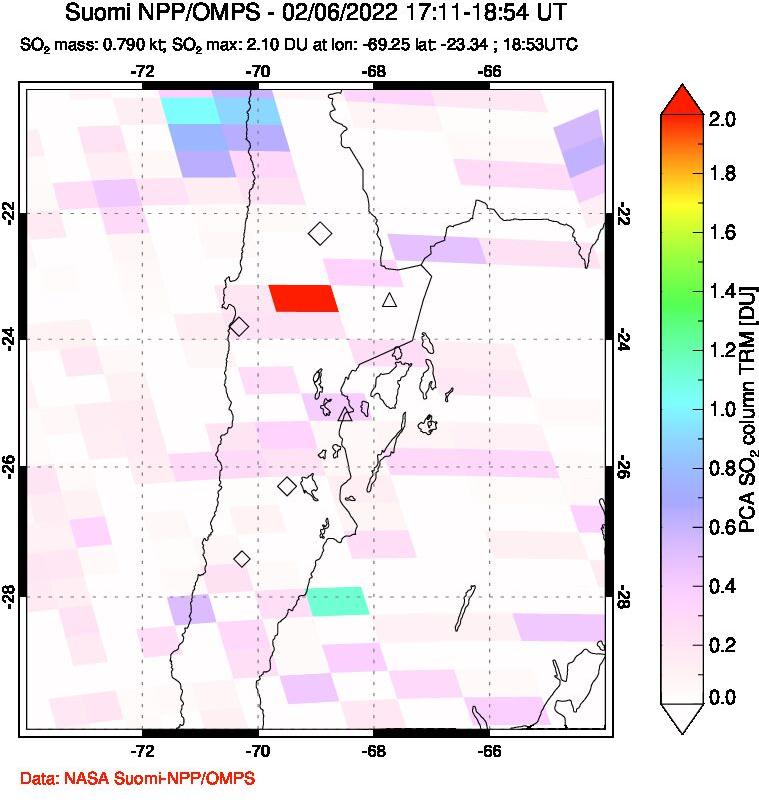 A sulfur dioxide image over Northern Chile on Feb 06, 2022.