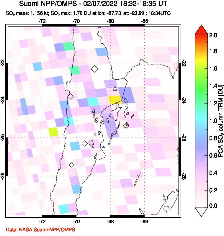 A sulfur dioxide image over Northern Chile on Feb 07, 2022.