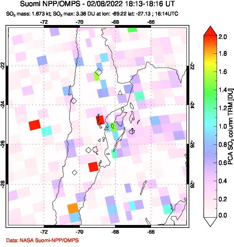 A sulfur dioxide image over Northern Chile on Feb 08, 2022.
