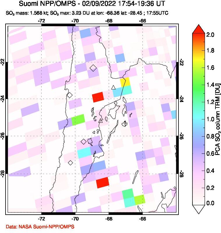 A sulfur dioxide image over Northern Chile on Feb 09, 2022.