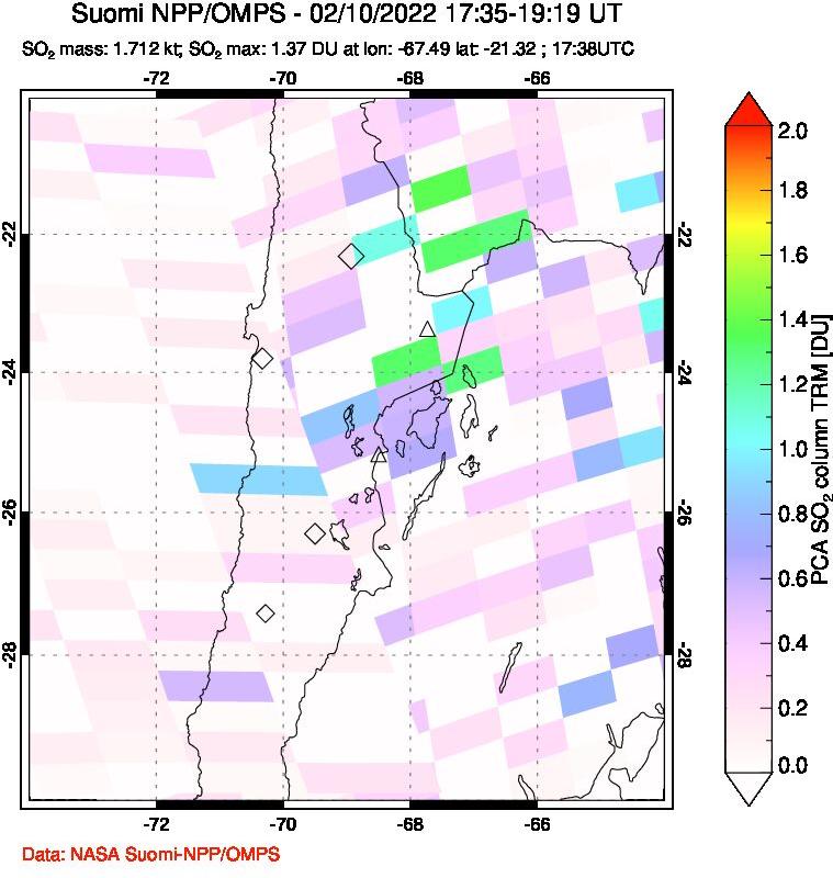 A sulfur dioxide image over Northern Chile on Feb 10, 2022.