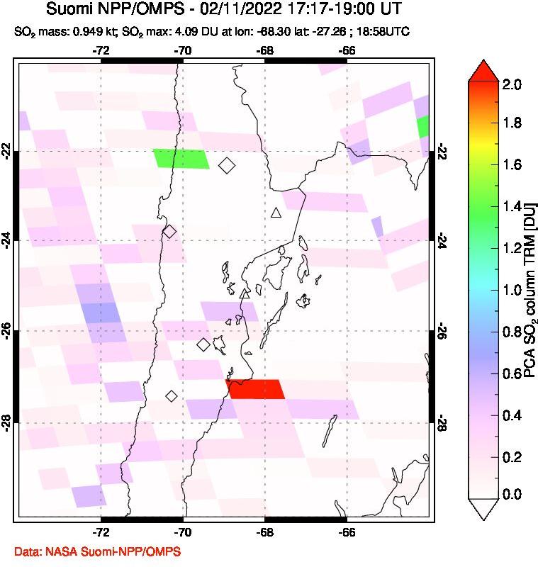 A sulfur dioxide image over Northern Chile on Feb 11, 2022.