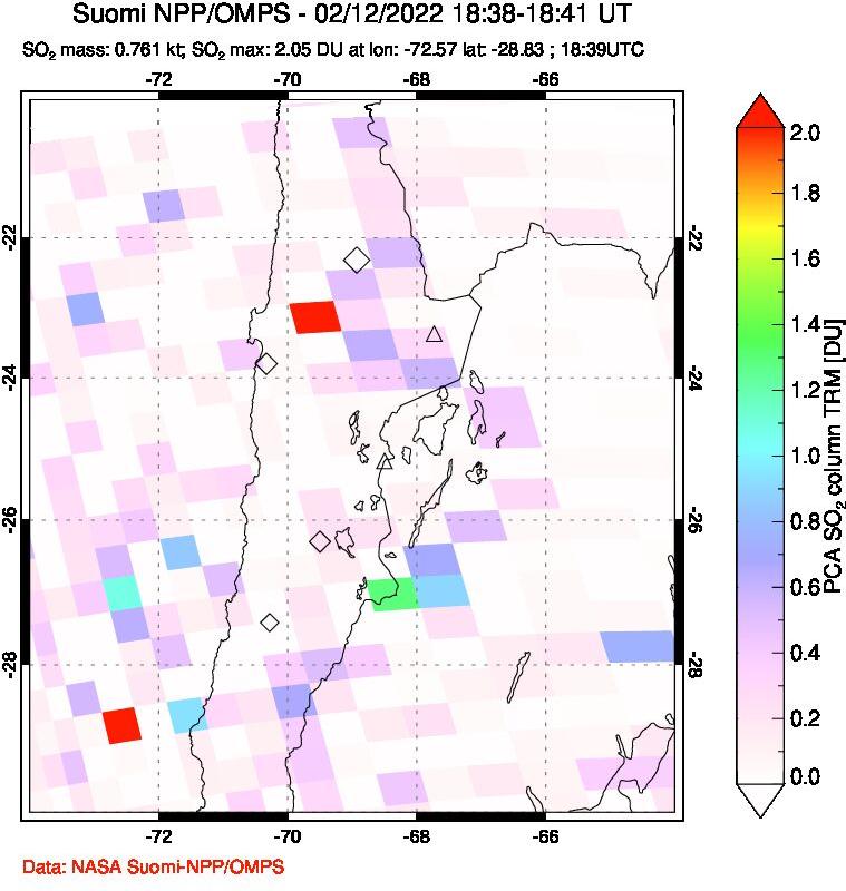A sulfur dioxide image over Northern Chile on Feb 12, 2022.