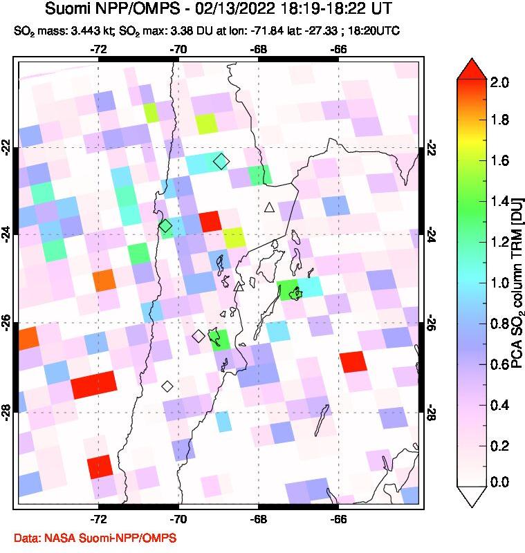 A sulfur dioxide image over Northern Chile on Feb 13, 2022.