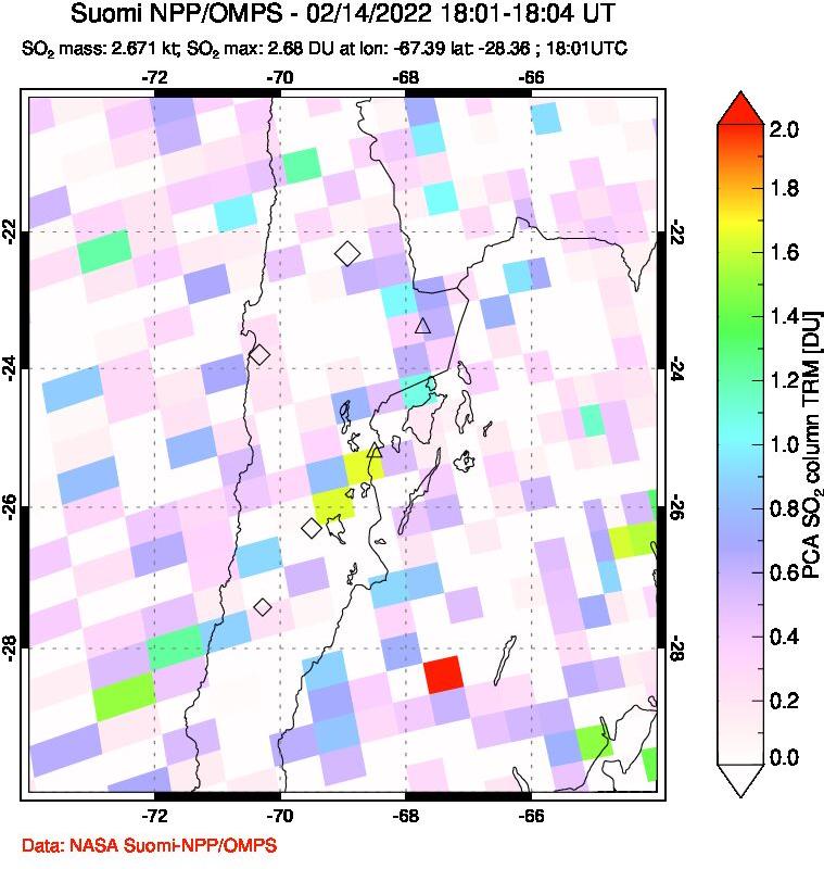 A sulfur dioxide image over Northern Chile on Feb 14, 2022.