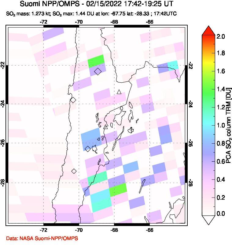 A sulfur dioxide image over Northern Chile on Feb 15, 2022.