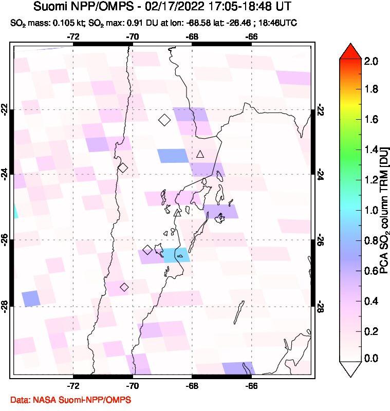 A sulfur dioxide image over Northern Chile on Feb 17, 2022.