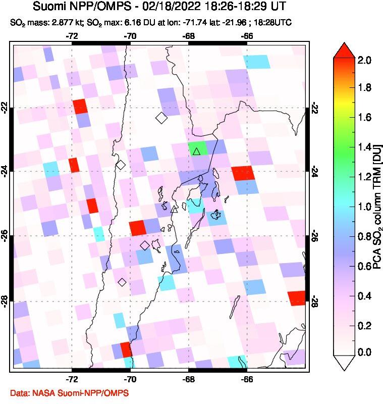 A sulfur dioxide image over Northern Chile on Feb 18, 2022.