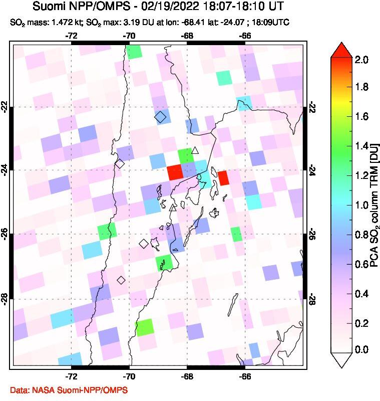 A sulfur dioxide image over Northern Chile on Feb 19, 2022.
