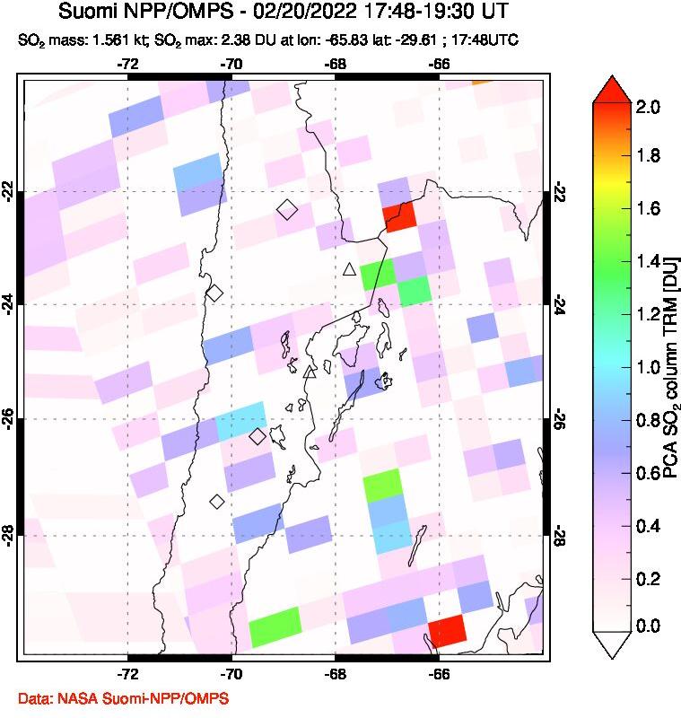 A sulfur dioxide image over Northern Chile on Feb 20, 2022.
