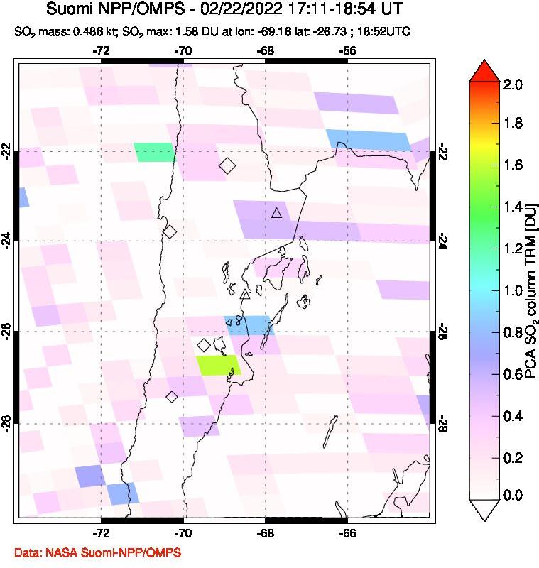 A sulfur dioxide image over Northern Chile on Feb 22, 2022.