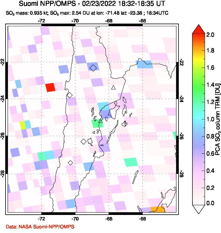 A sulfur dioxide image over Northern Chile on Feb 23, 2022.