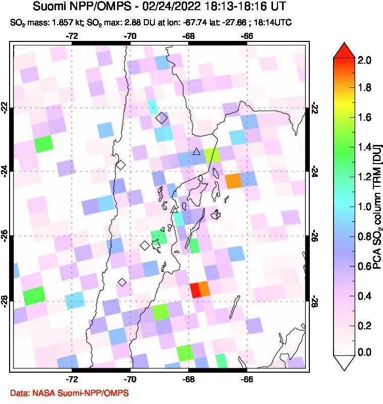 A sulfur dioxide image over Northern Chile on Feb 24, 2022.