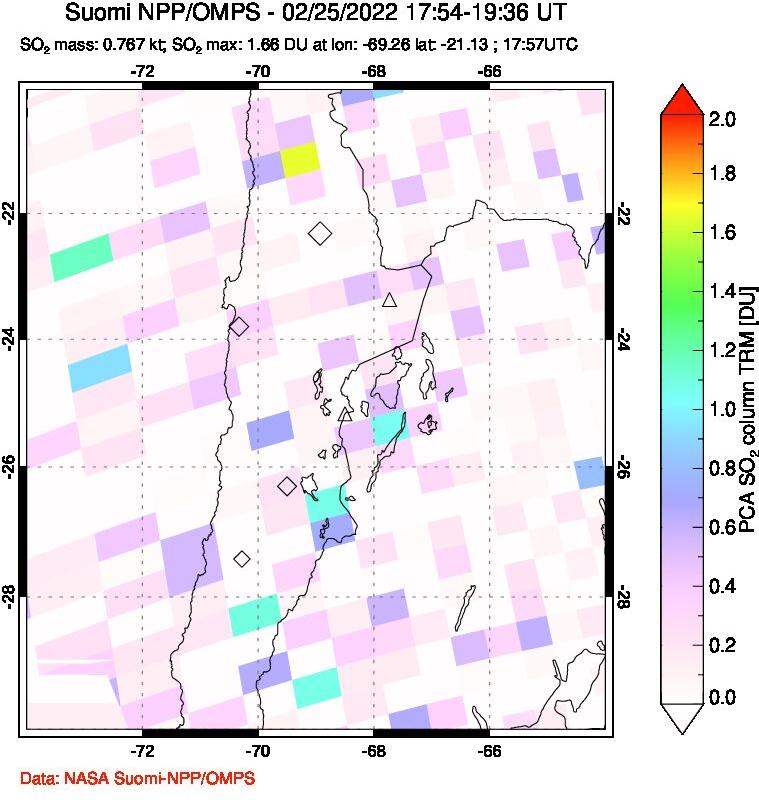 A sulfur dioxide image over Northern Chile on Feb 25, 2022.