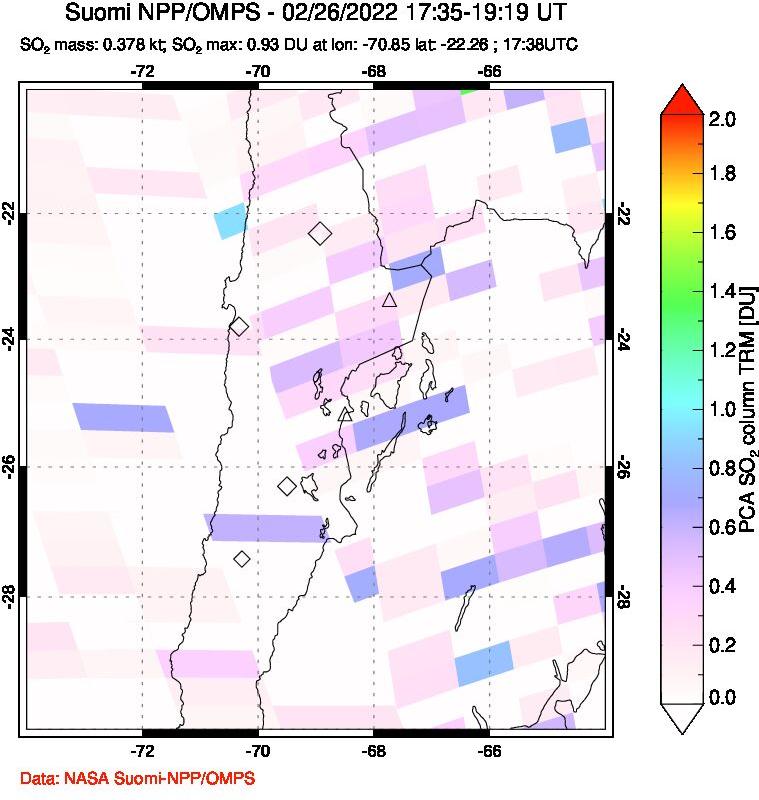 A sulfur dioxide image over Northern Chile on Feb 26, 2022.