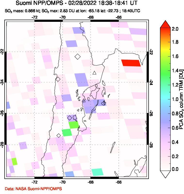 A sulfur dioxide image over Northern Chile on Feb 28, 2022.