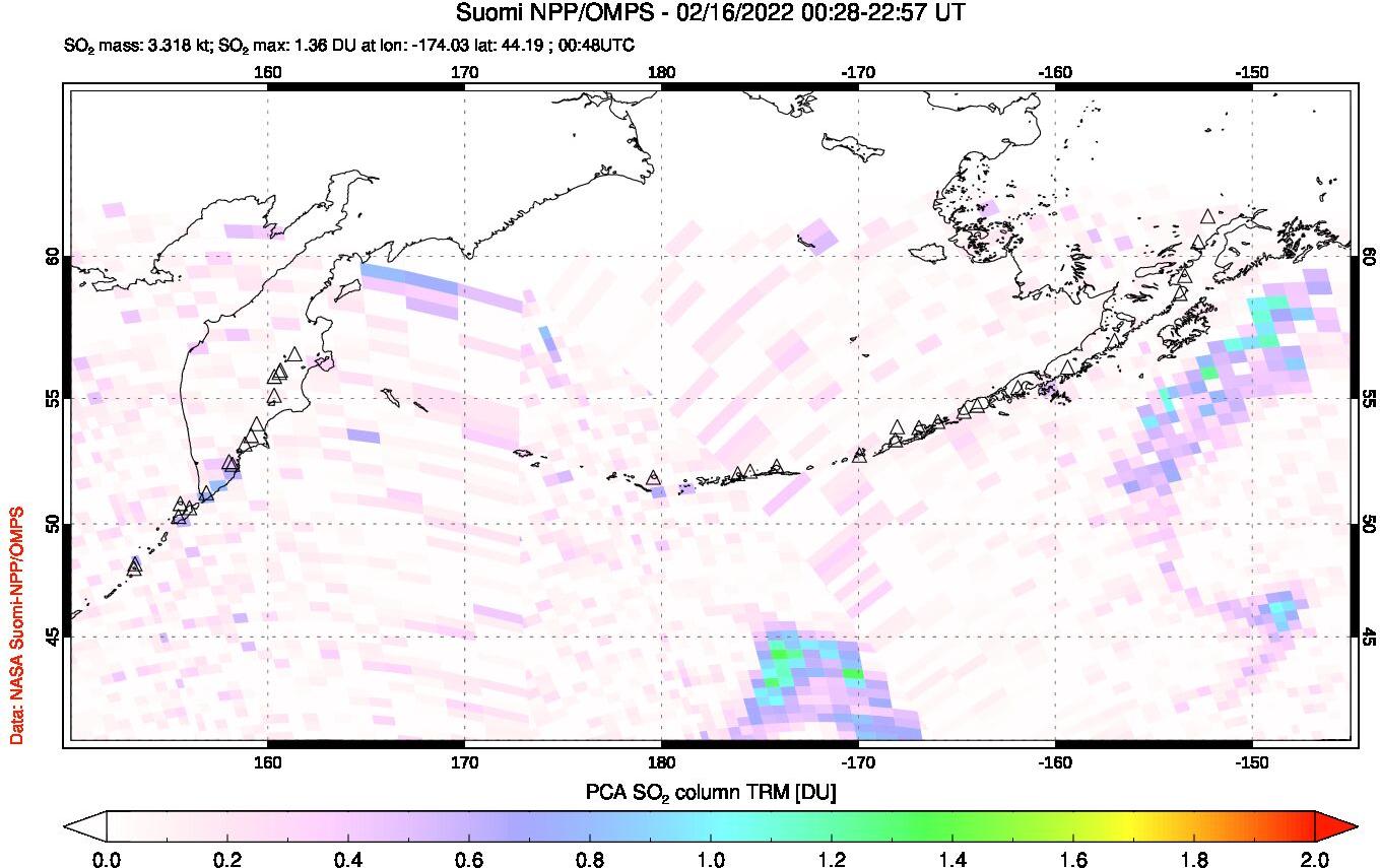 A sulfur dioxide image over North Pacific on Feb 16, 2022.