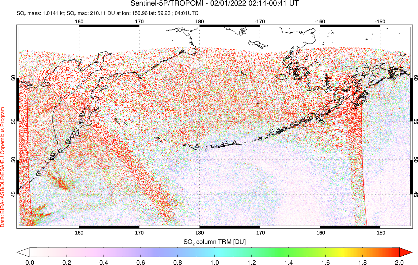 A sulfur dioxide image over North Pacific on Feb 01, 2022.