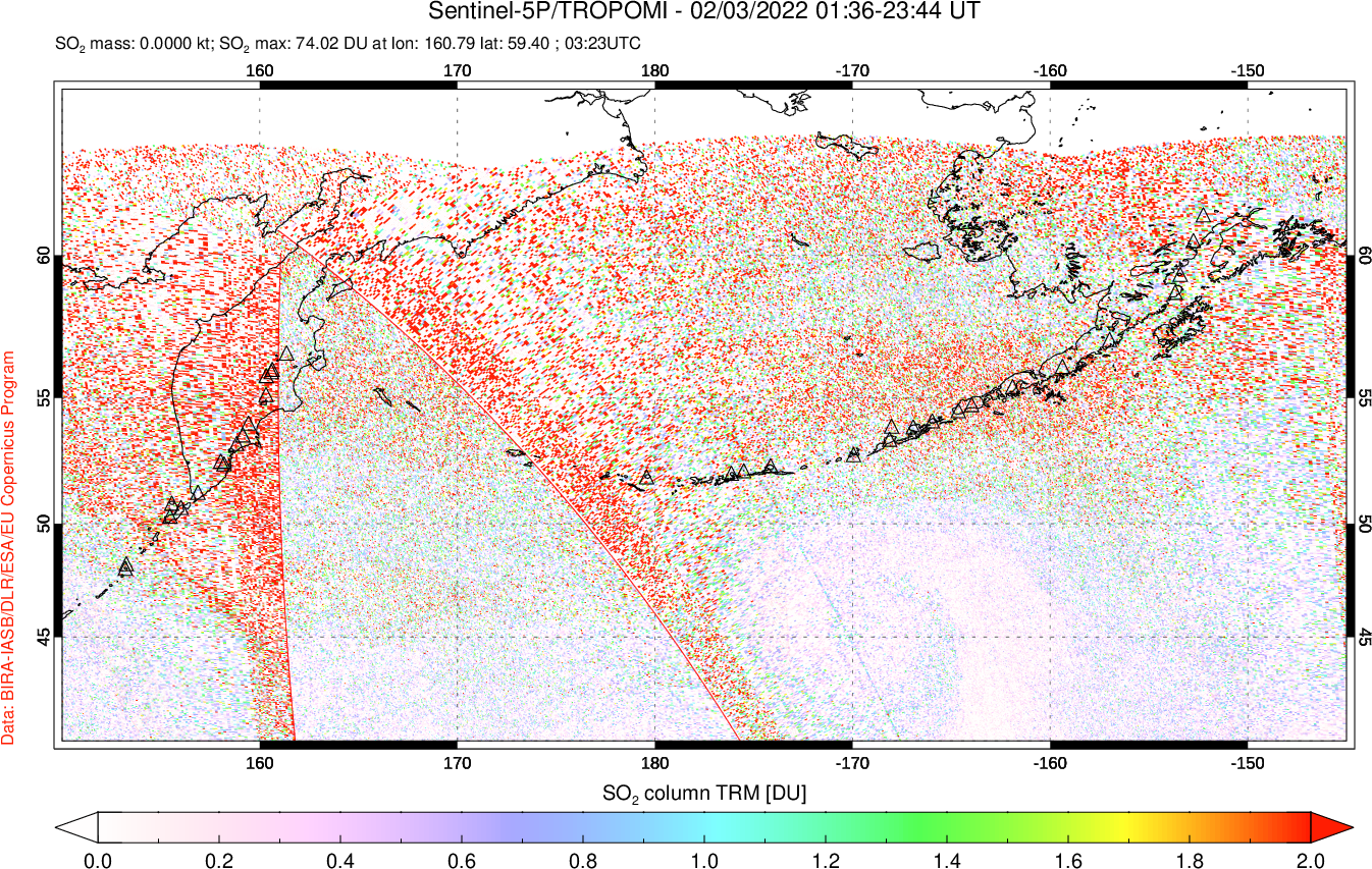 A sulfur dioxide image over North Pacific on Feb 03, 2022.