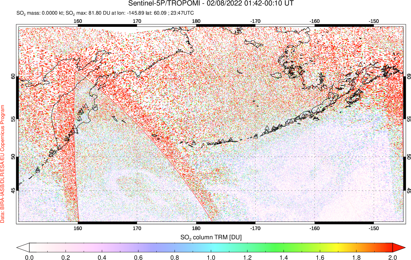 A sulfur dioxide image over North Pacific on Feb 08, 2022.