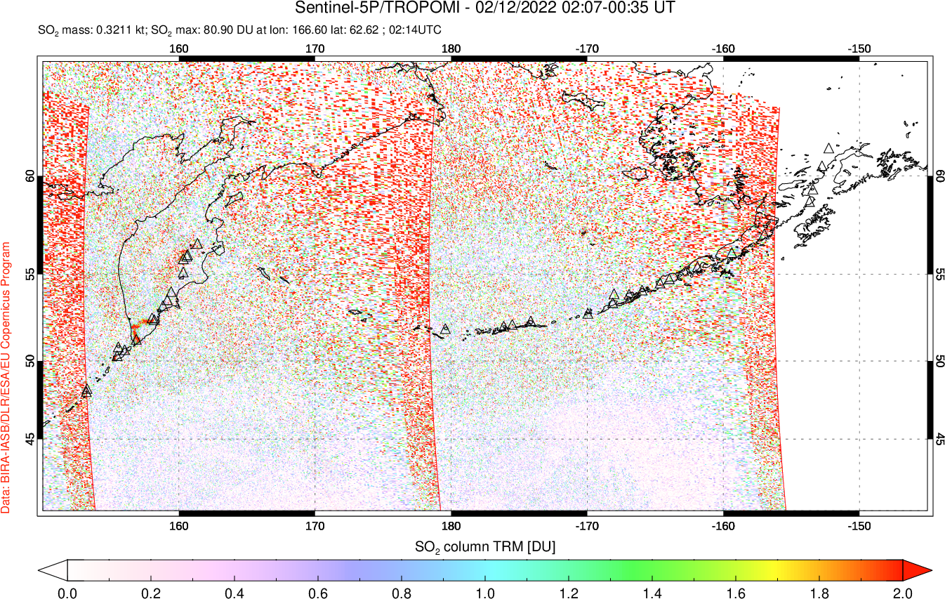 A sulfur dioxide image over North Pacific on Feb 12, 2022.