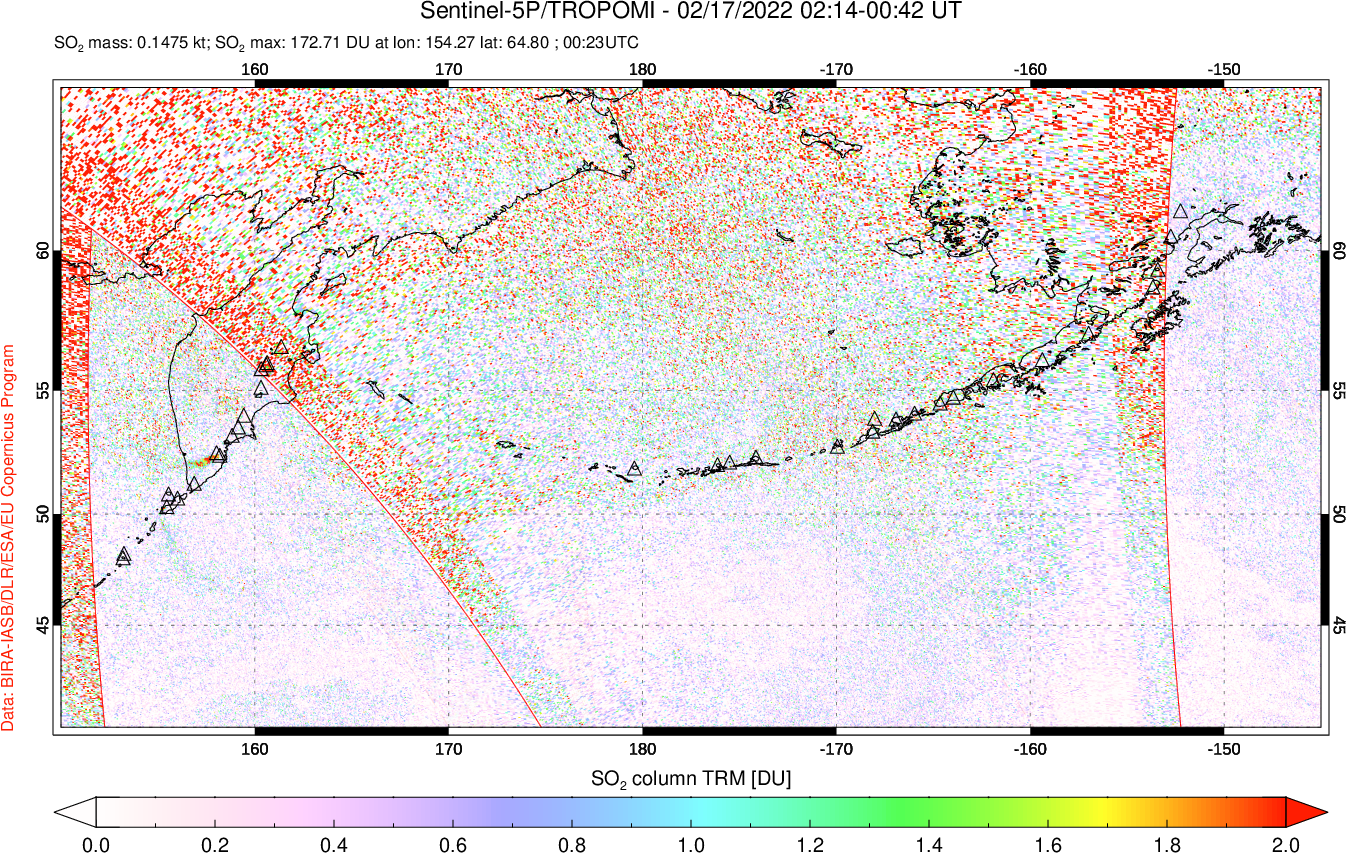 A sulfur dioxide image over North Pacific on Feb 17, 2022.