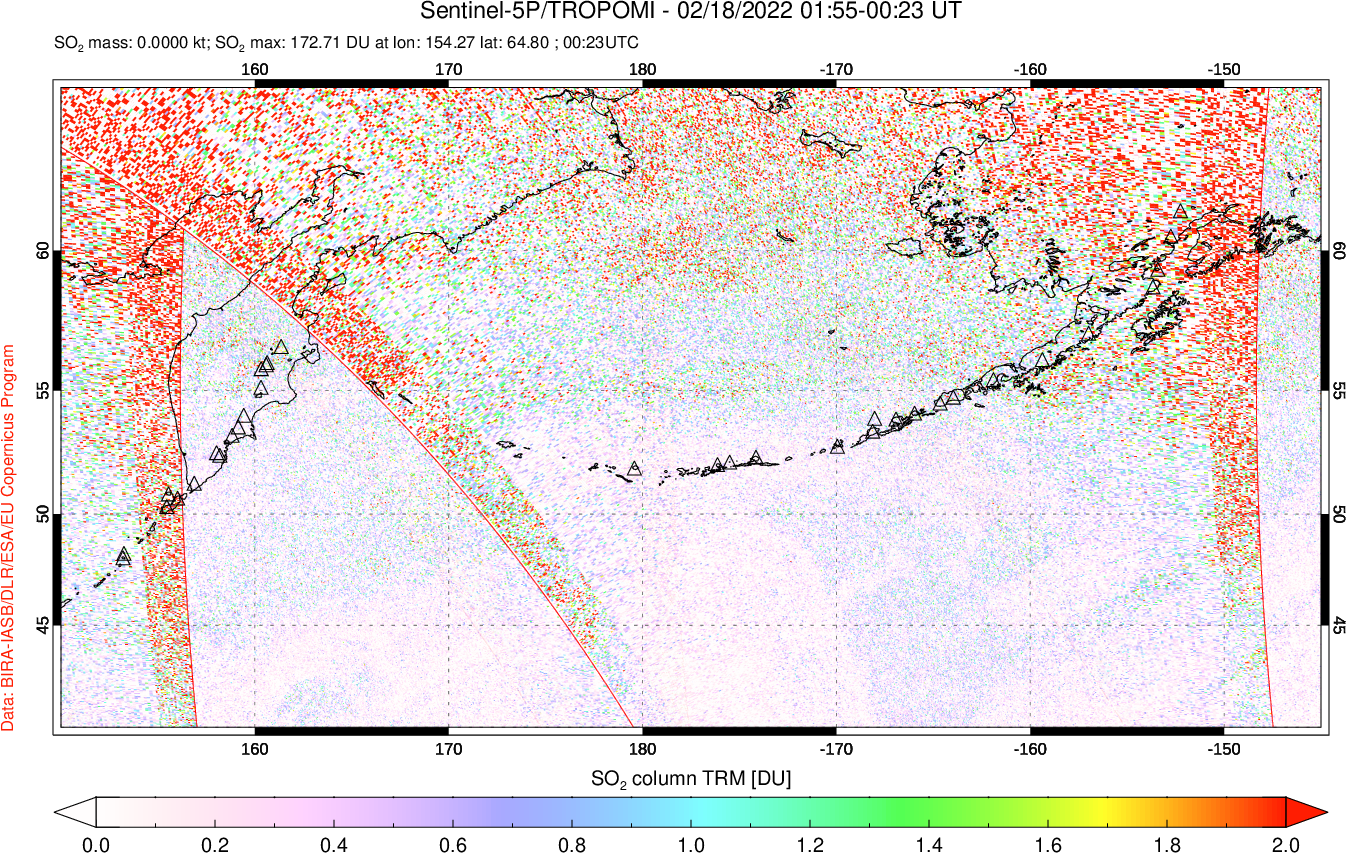 A sulfur dioxide image over North Pacific on Feb 18, 2022.