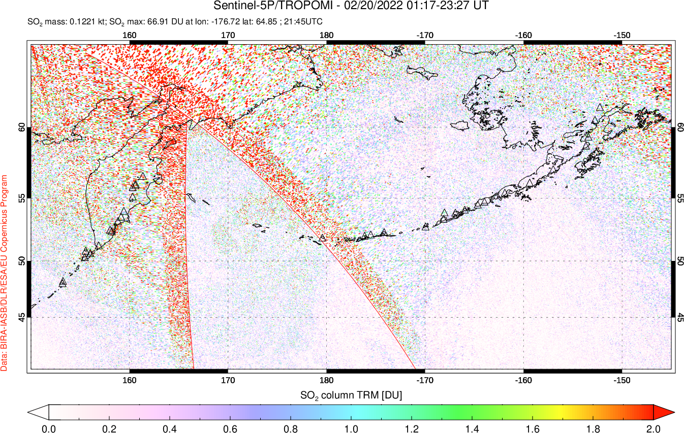 A sulfur dioxide image over North Pacific on Feb 20, 2022.