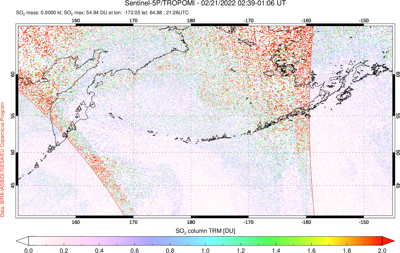A sulfur dioxide image over North Pacific on Feb 21, 2022.