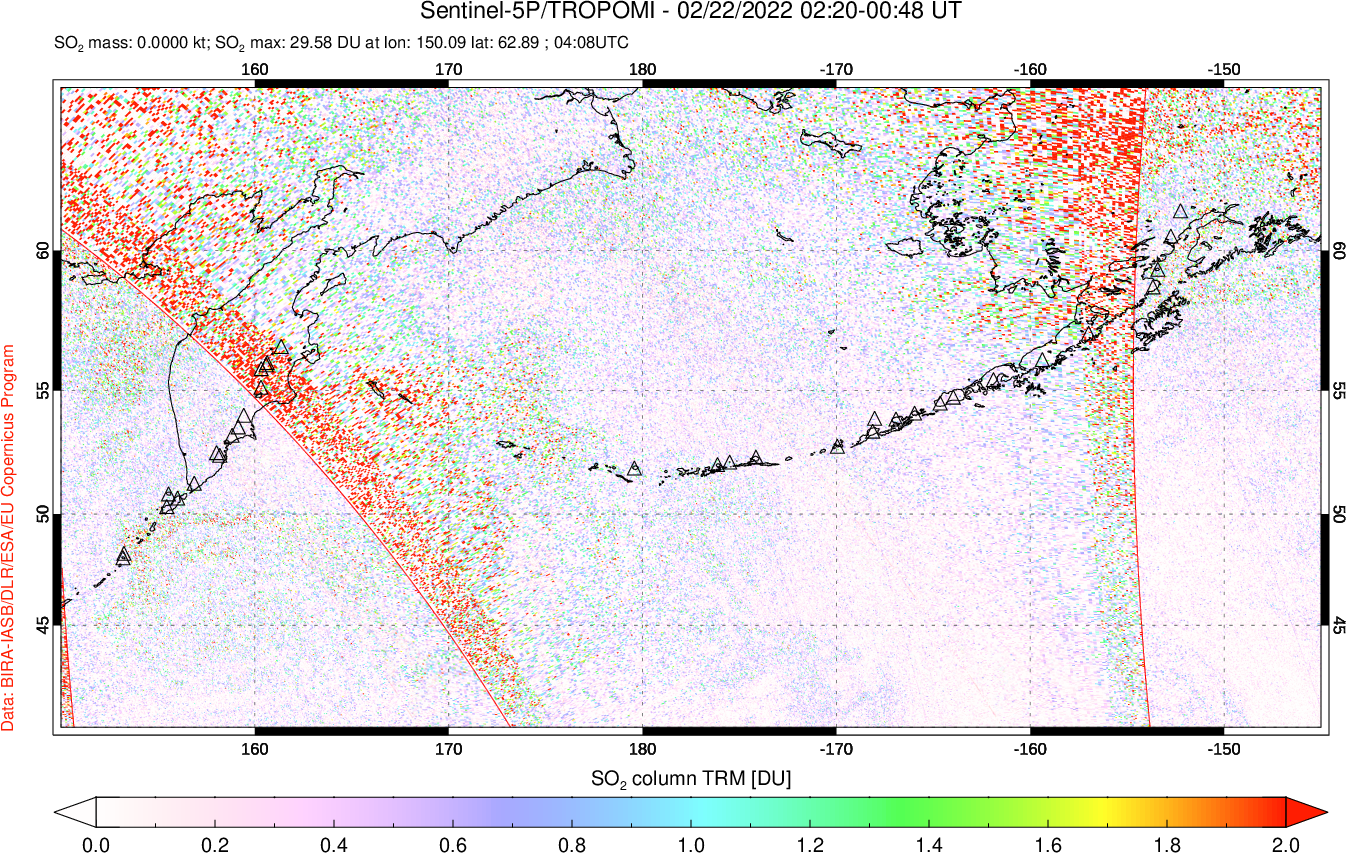 A sulfur dioxide image over North Pacific on Feb 22, 2022.