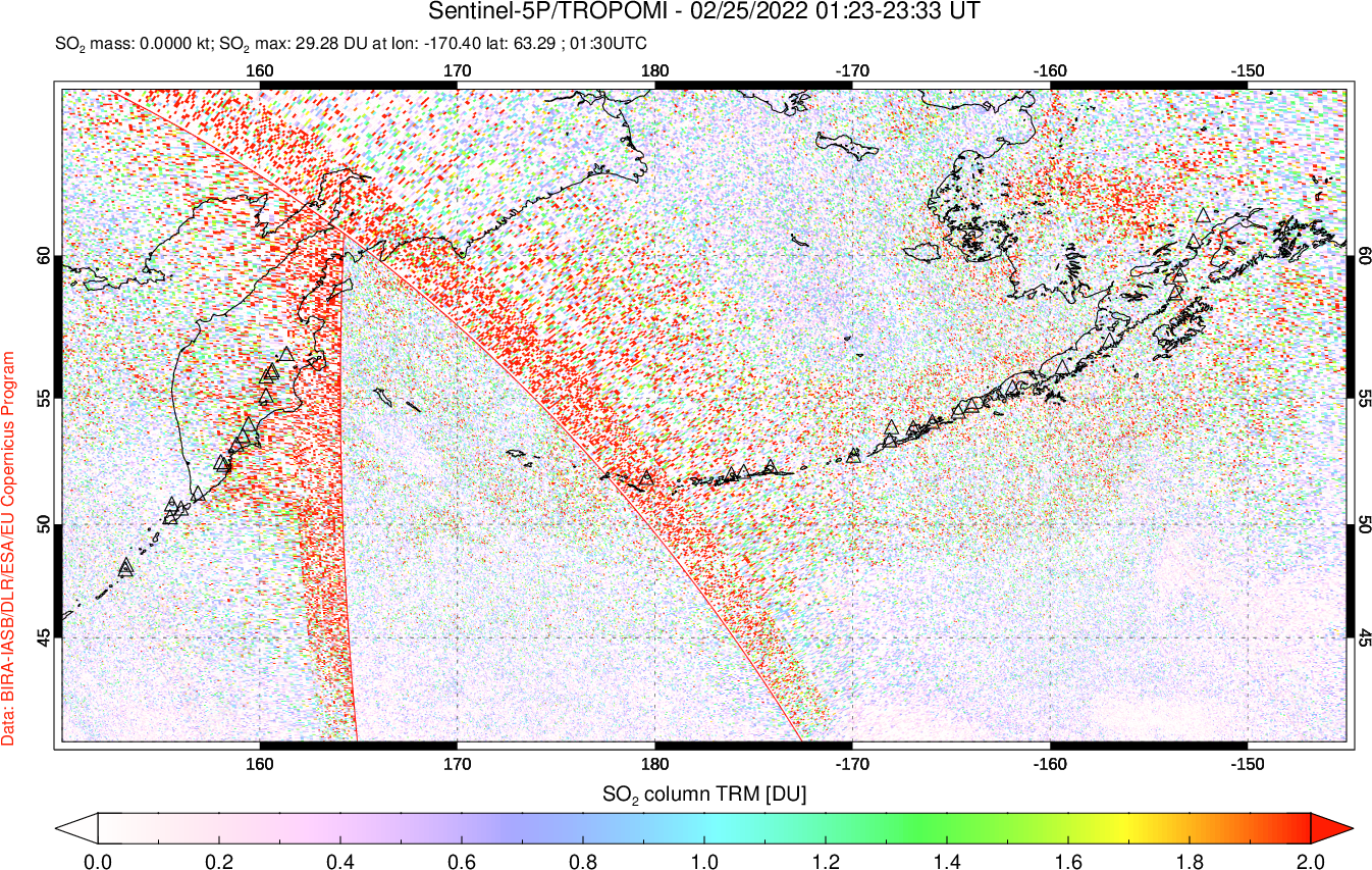 A sulfur dioxide image over North Pacific on Feb 25, 2022.