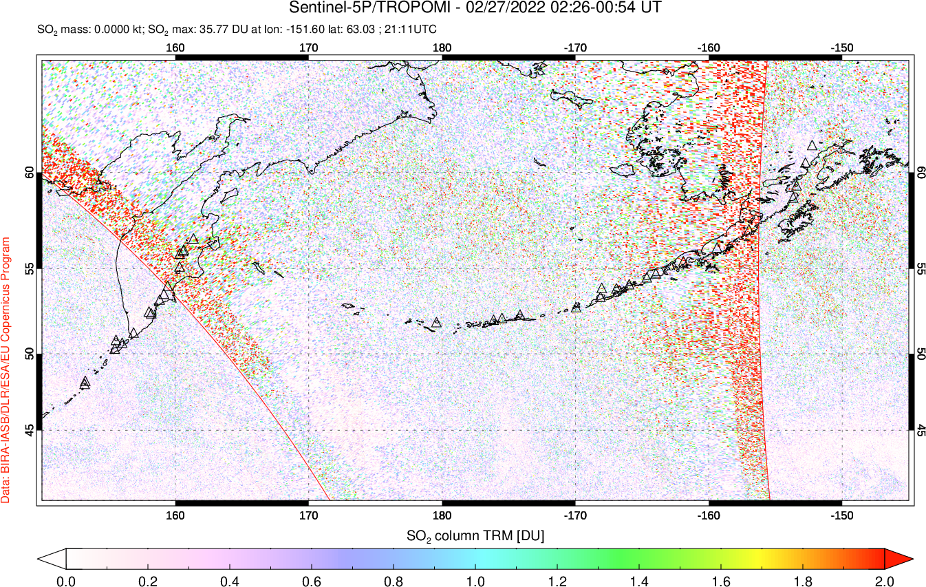 A sulfur dioxide image over North Pacific on Feb 27, 2022.
