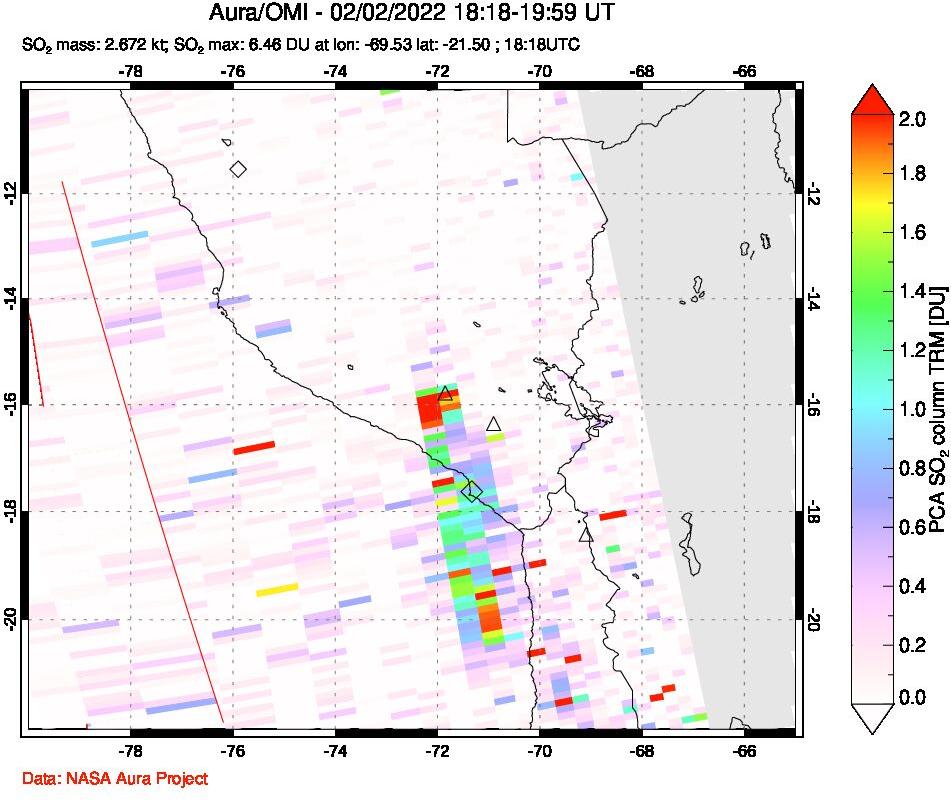 A sulfur dioxide image over Peru on Feb 02, 2022.