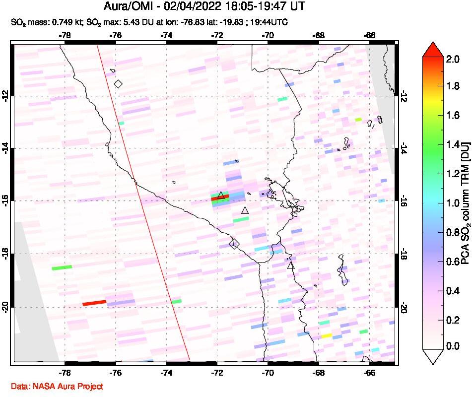 A sulfur dioxide image over Peru on Feb 04, 2022.
