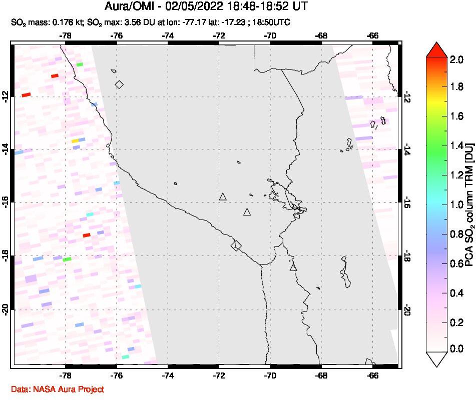 A sulfur dioxide image over Peru on Feb 05, 2022.
