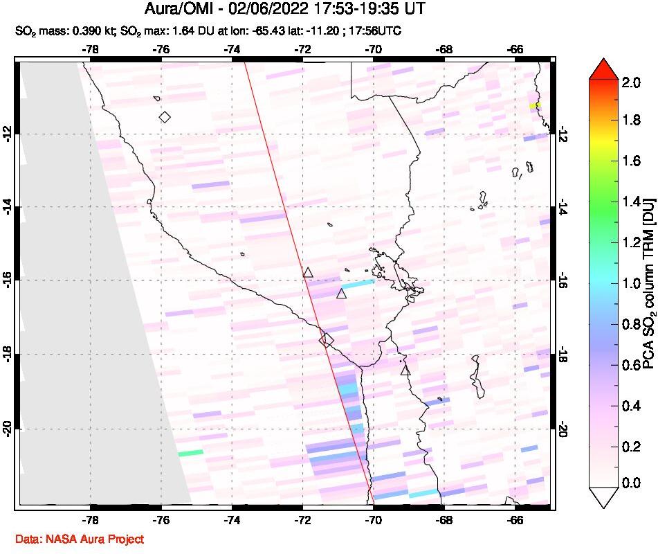 A sulfur dioxide image over Peru on Feb 06, 2022.