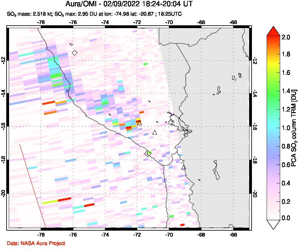 A sulfur dioxide image over Peru on Feb 09, 2022.