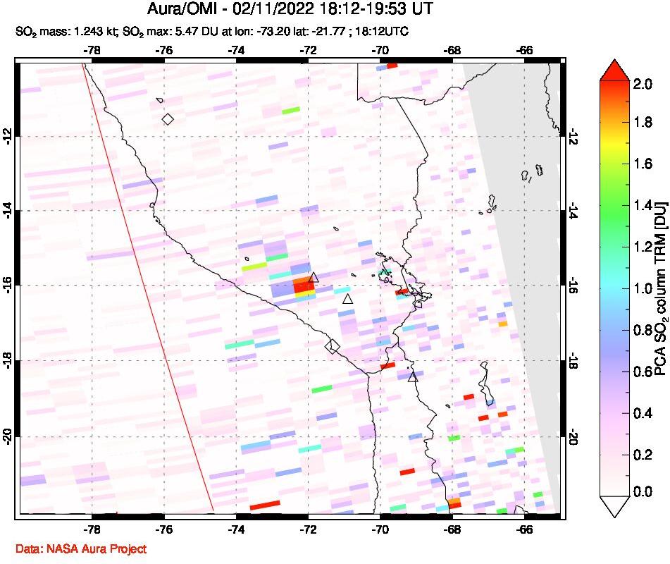 A sulfur dioxide image over Peru on Feb 11, 2022.