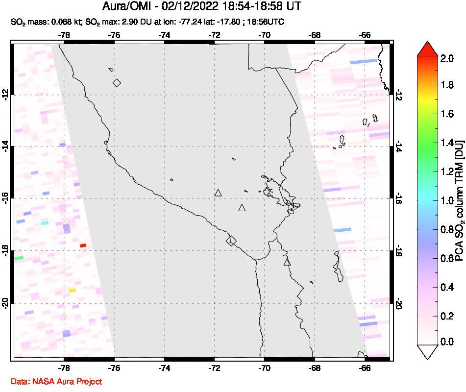 A sulfur dioxide image over Peru on Feb 12, 2022.
