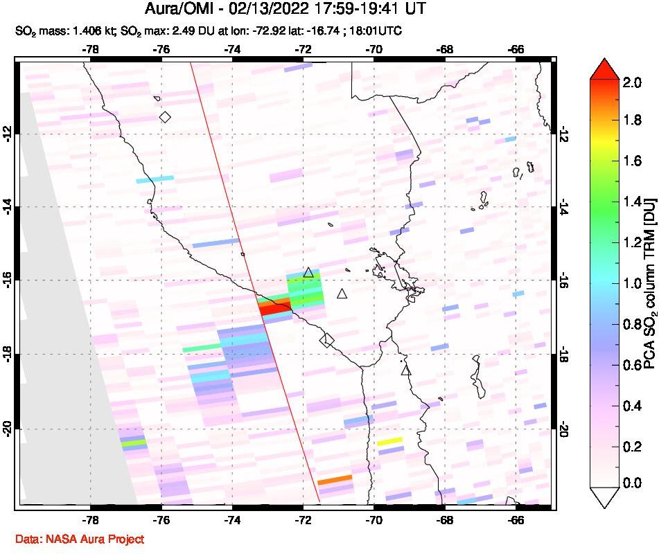A sulfur dioxide image over Peru on Feb 13, 2022.