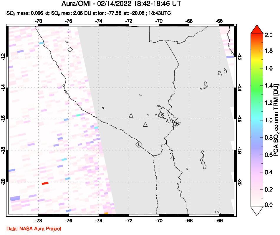 A sulfur dioxide image over Peru on Feb 14, 2022.