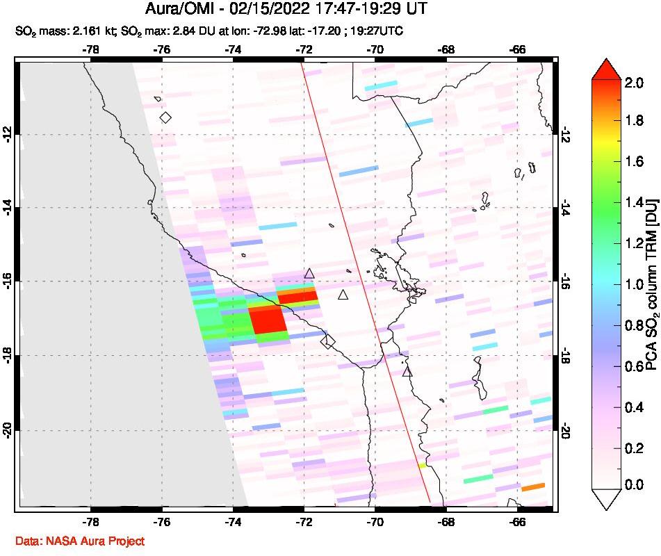 A sulfur dioxide image over Peru on Feb 15, 2022.