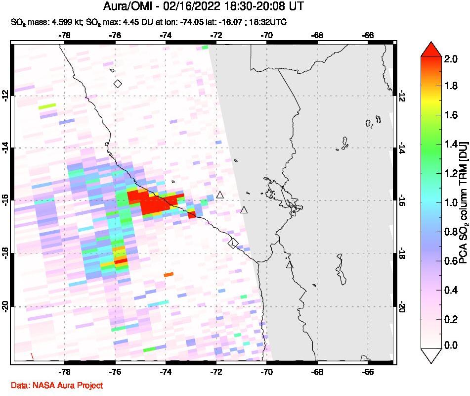 A sulfur dioxide image over Peru on Feb 16, 2022.
