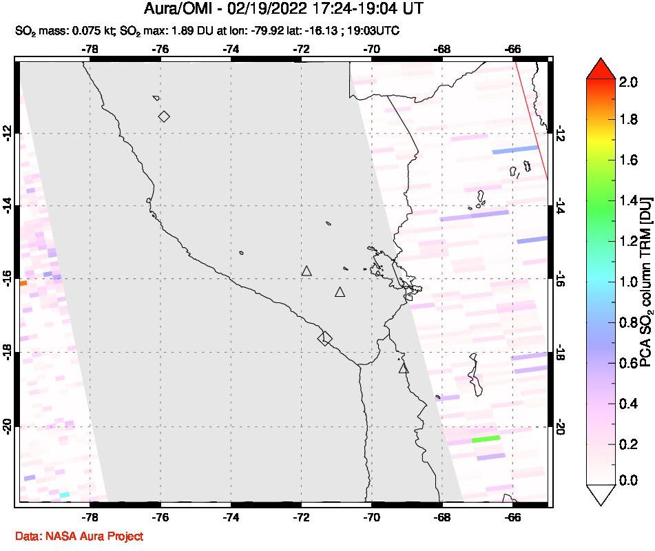 A sulfur dioxide image over Peru on Feb 19, 2022.
