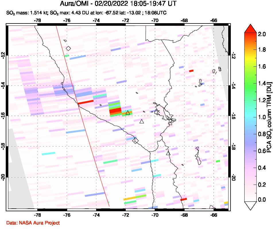 A sulfur dioxide image over Peru on Feb 20, 2022.