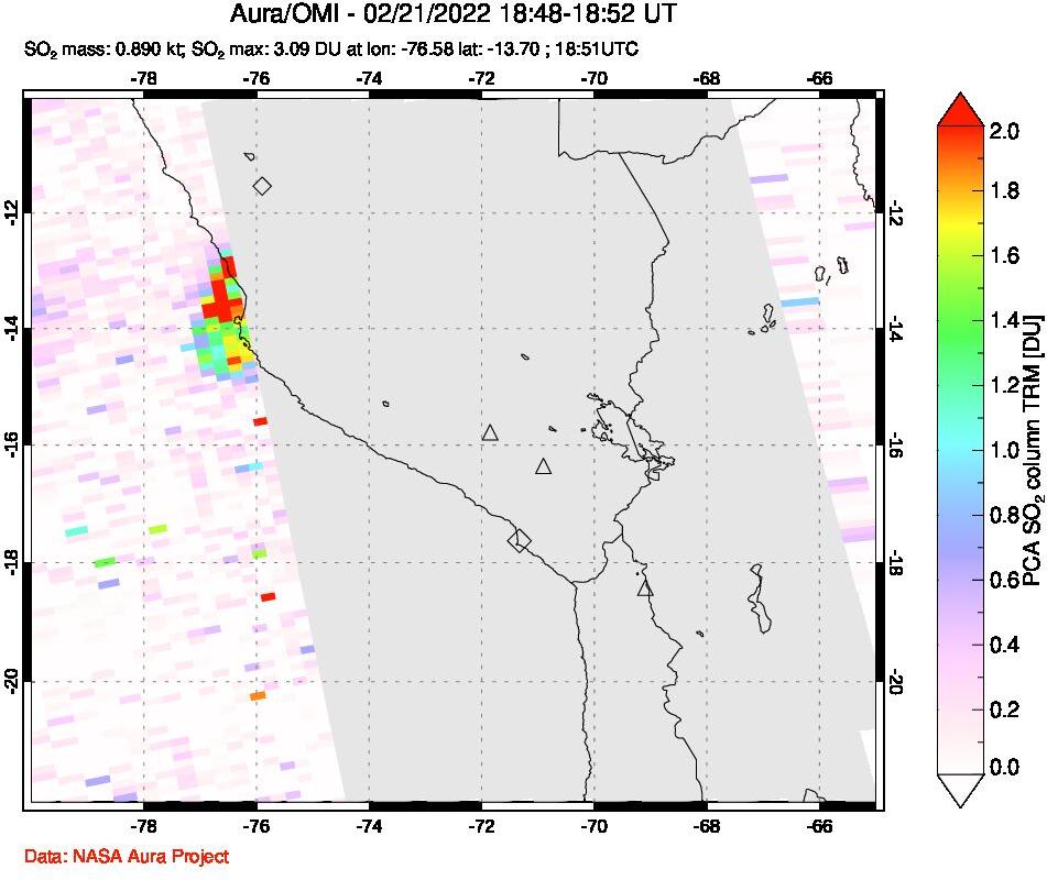 A sulfur dioxide image over Peru on Feb 21, 2022.