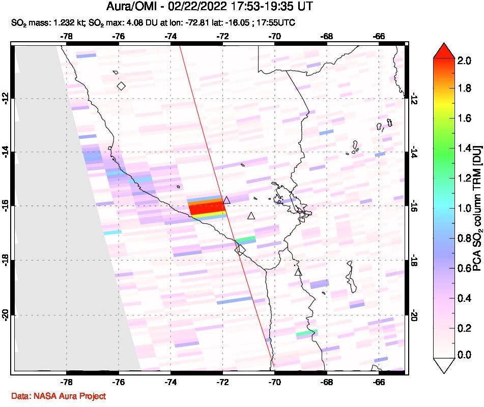 A sulfur dioxide image over Peru on Feb 22, 2022.